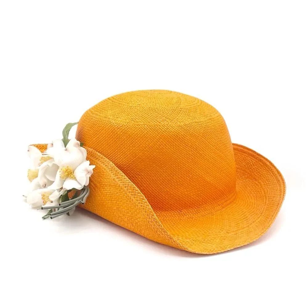 Vintage 1960s Madcaps Orange Straw Hat White Blossom Flower Pin Trim Wide Brim - Picture 16 of 16
